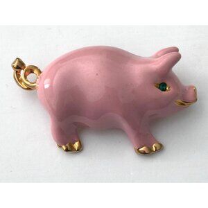 Vintage Pink Pig Farm Animal Brooch Pin Gold-Tone Accents Green Rhinestone Eye